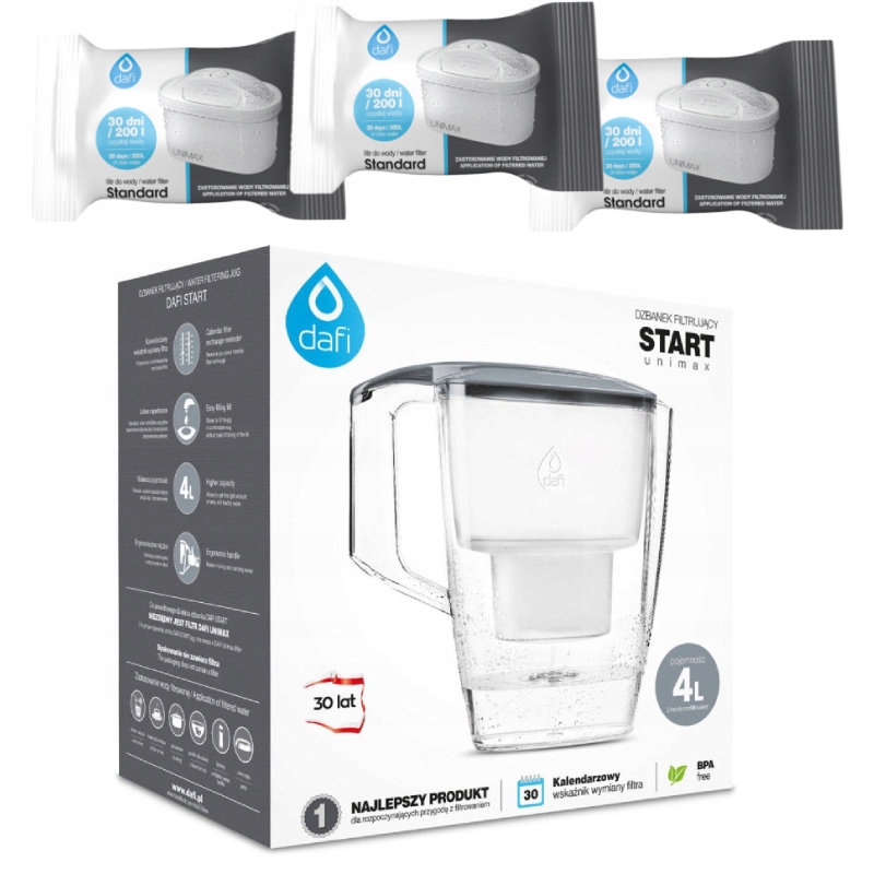 Filtračná kanvica Dafi Start Unimax 4 l strieborná/šedá + 3× Filtračná vložka do kanvičky Dafi Standard Unimax 1 ks.